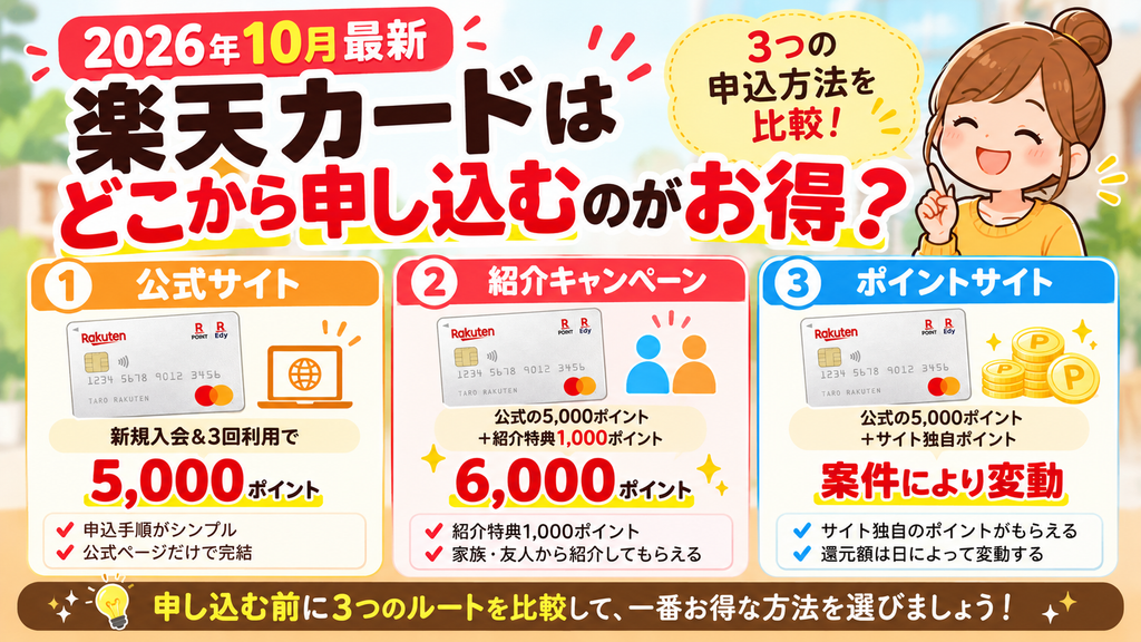 【2026年10月最新】楽天カードはどこから申し込むのがお得?紹介・公式・ポイントサイトを比較