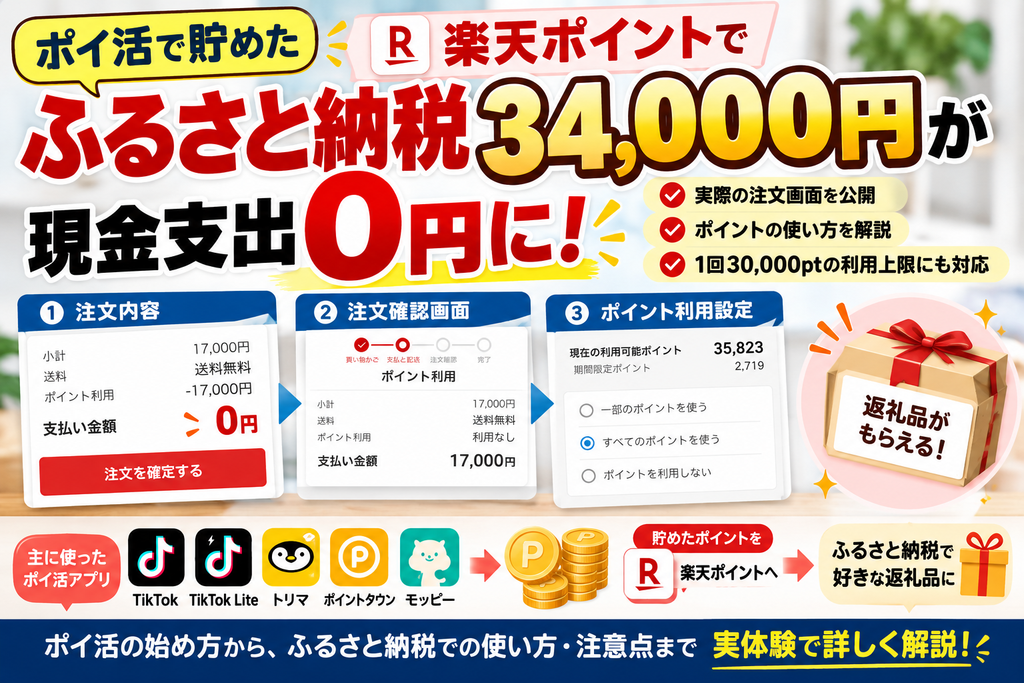 【実績公開】ふるさと納税34,000円を現金支出0円で!ポイ活で貯めた楽天ポイント活用術