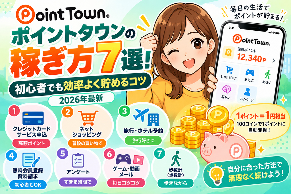 ポイントタウンの稼ぎ方7選!【2026年最新】初心者が効率よく貯めるコツ